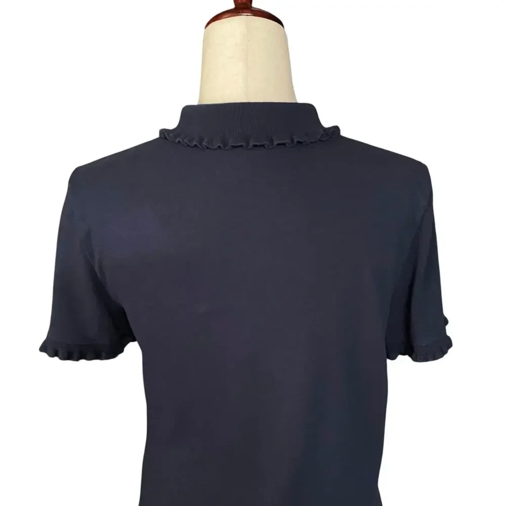 Tory Burch Pearl Button Polo Womens M Lettuce Hem Collar and Sleeves Navy Preppy